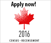 Image of a stylized maple leaf with the year 2016. Additional text reads: Apply now! Census-Recensement.
